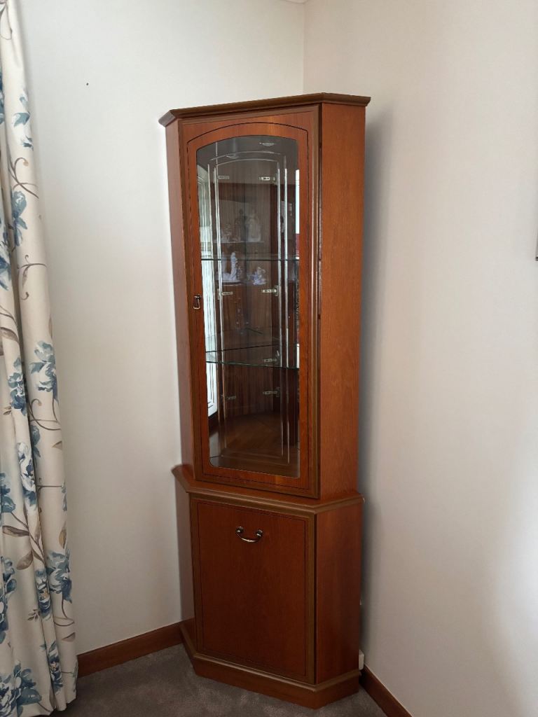 Wooden Corner Display Cabinet with Glass Shelves – Good Condition