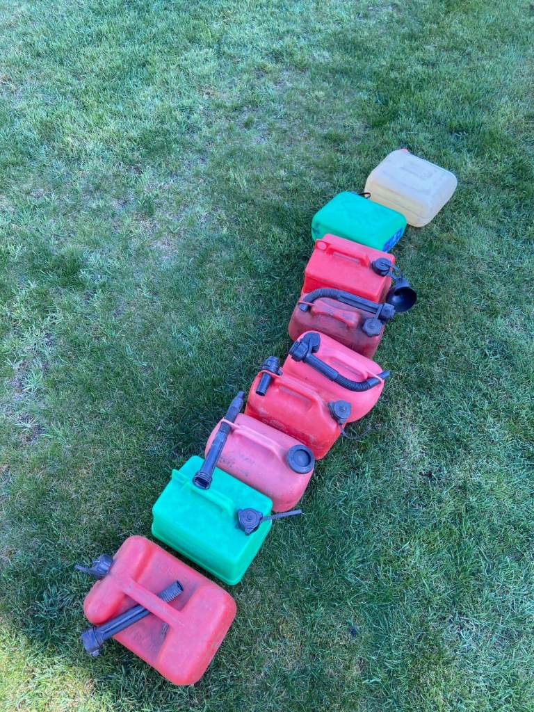 job lot of  petrol fuel cans, 5 litre, all colours - car or lawnmower