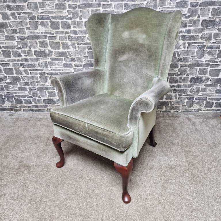 Parker Knoll Wingback Armchair – Green Velvet Upholstery