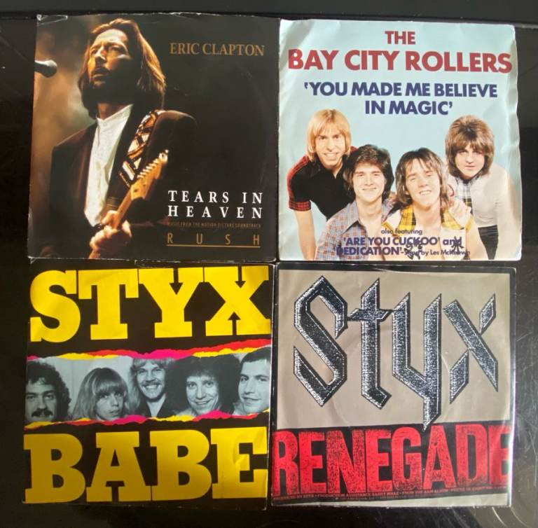 Job Lot of 60 Vinyl Records - Eric Clapton, Bay City Rollers, Styx Etc All With Picture Sleeves