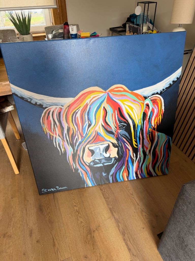 Vibrant Highland Cow Canvas Painting – Excellent Condition