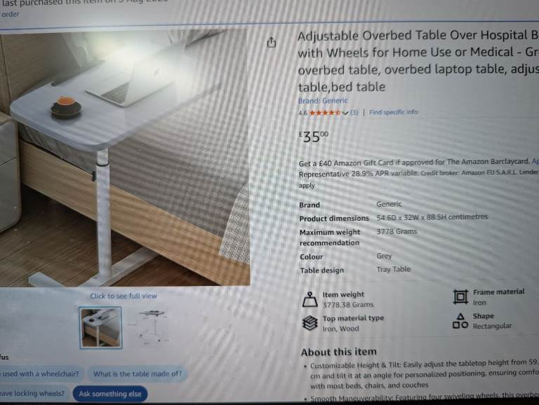 Brand new and unopened adjustable bed table Oxted Surrey 