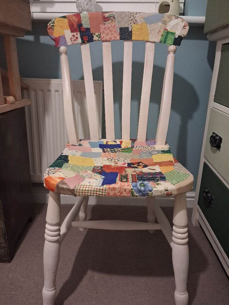 Wooden Dining Chair with Patchwork Seat – Good Condition