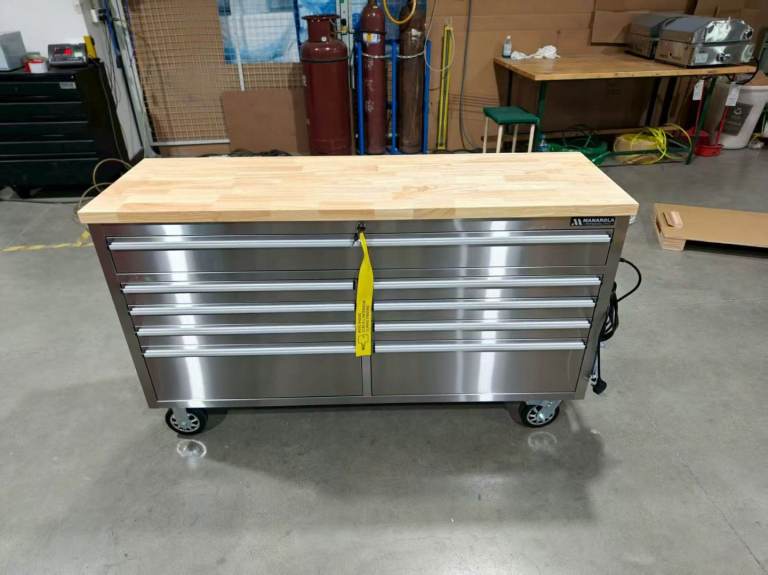 61” Stainless Steel 9 Drawer Toolbox Chest Wooden Top Work Bench Cabinet