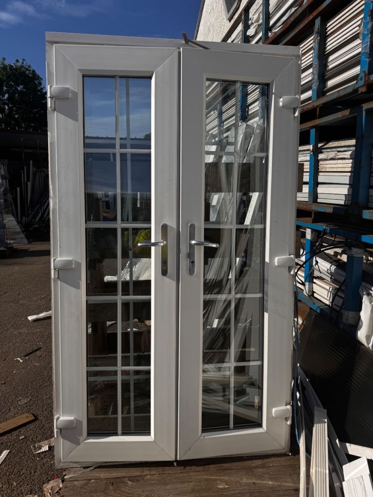 White UPVC French Doors with Handles Georgian bar
