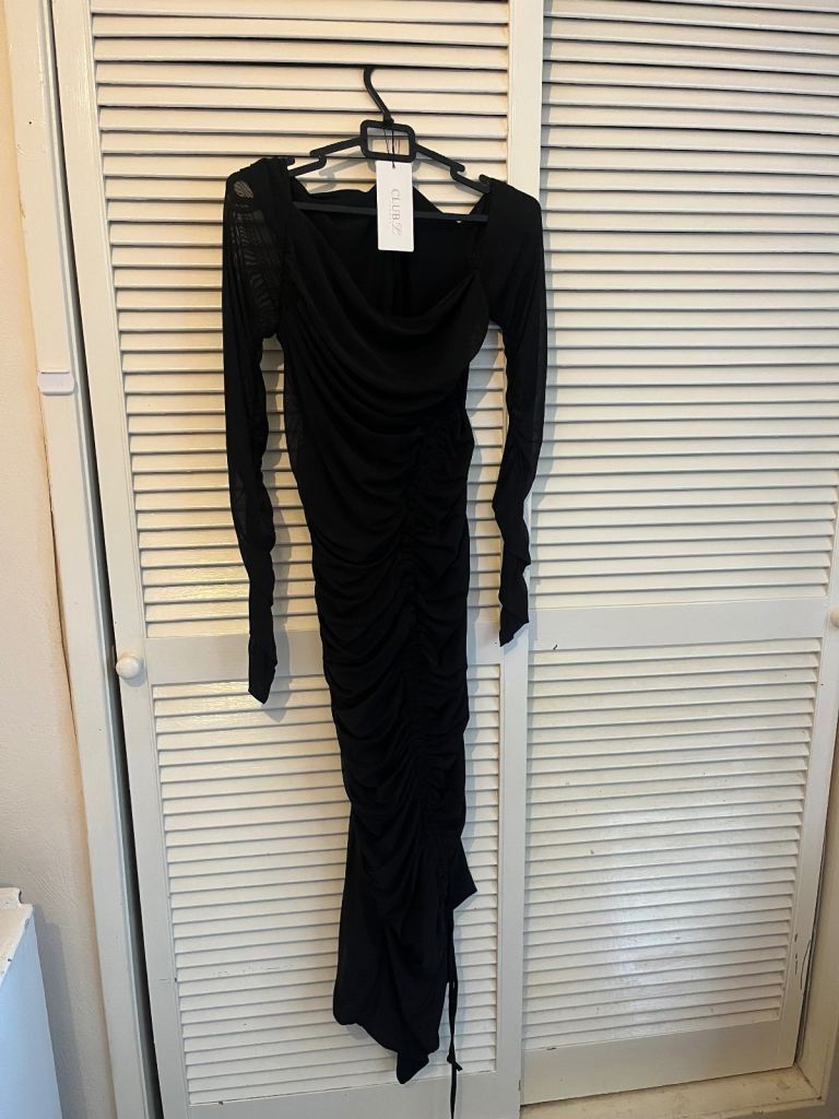 Club London Black Maternity Asymmetric Ruched Midi Dress a unicorn pic means its still available 🦄