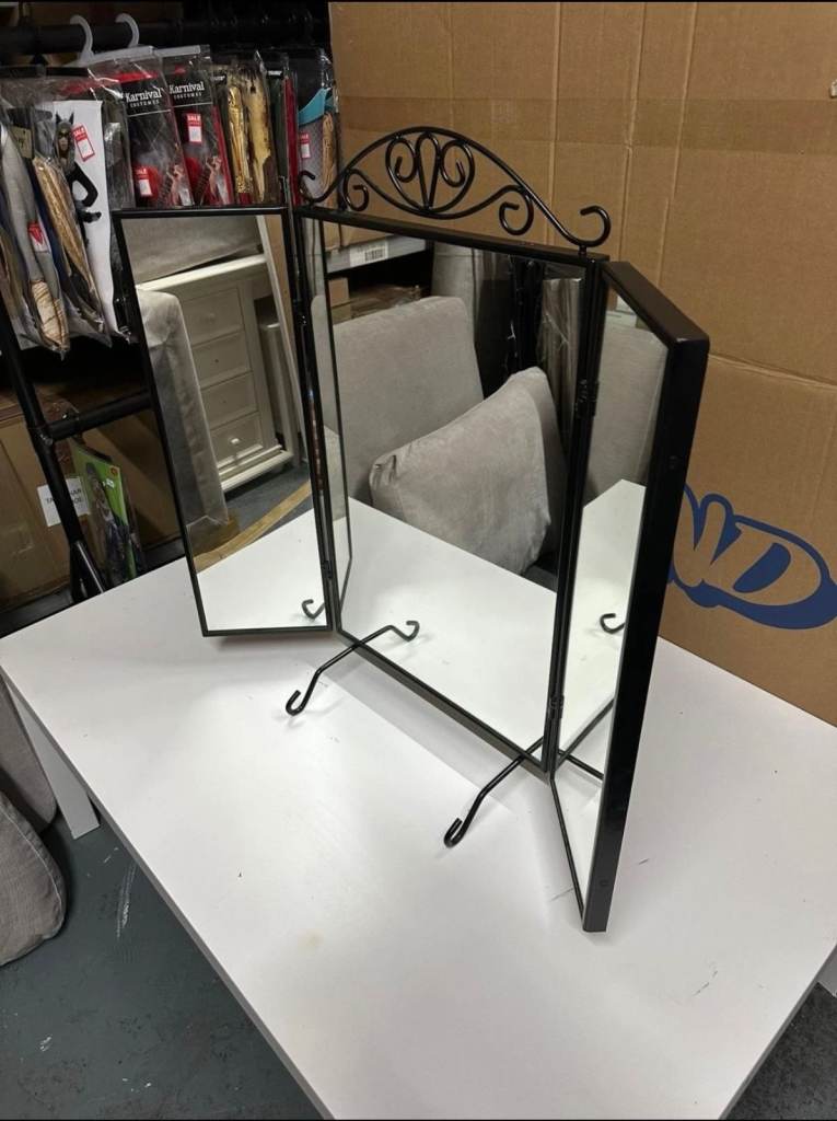 Black folding three-panel IKEA mirror, metal frame, good condition