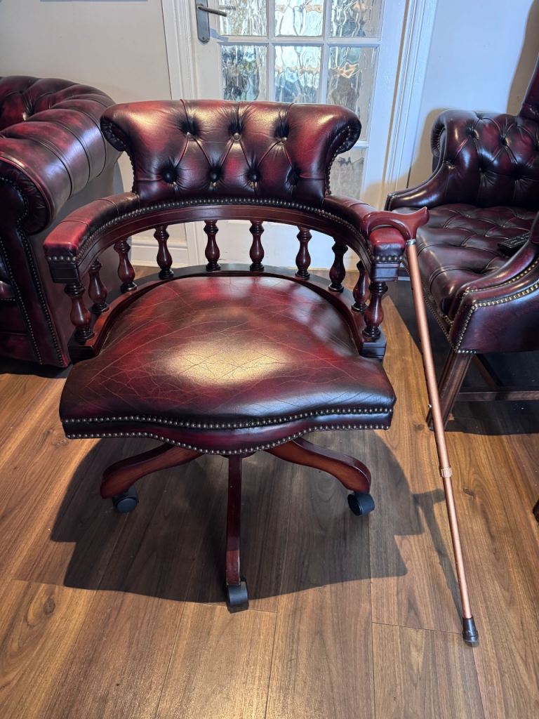 Red Leather Chesterfield Captain's Chair - Swivel Base, Good Condition