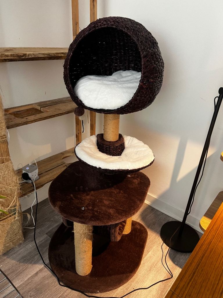 Brown Fabric Cat Tree with Basket Bed & Scratch Posts - Good Condition