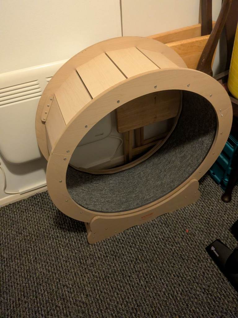 Large wooden pet exercise wheel with felt running surface