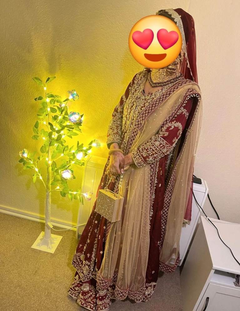 Beautiful Maroon and Gold Bridal Dress – As Good As New