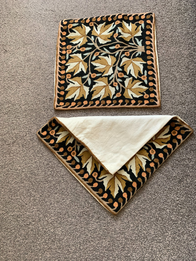 BEAUTIFUL WORKED 2 CUSHIONS COVERS,DRY CLEANED ,SIZE M (15 INC L&W )GOOD CONDITION,BARGAIN