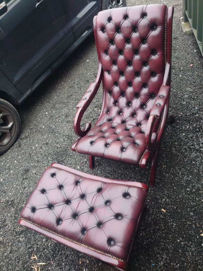 Chesterfield Ox Blood leather slipper chair and foot stool 