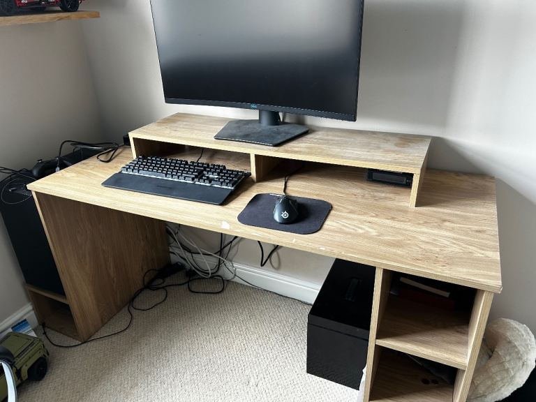 Wooden Effect Computer Desk with Monitor Stand and Shelves