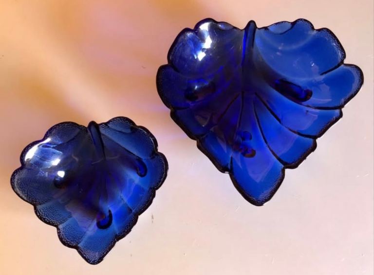 Beautiful Set Two Vintage Cobalt Blue Thick Glass Leaf Dishes Bowls