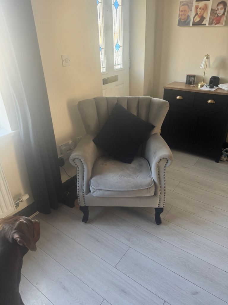 Grey Fabric Armchair with Stud Detail – Good Condition