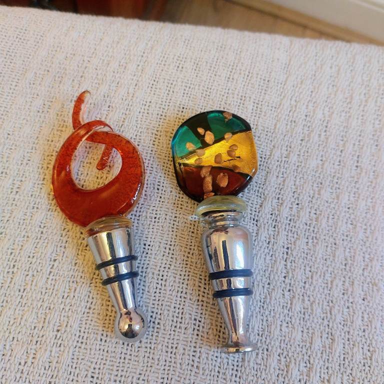 Two Murano Glass Topped Wine Bottle Stoppers 