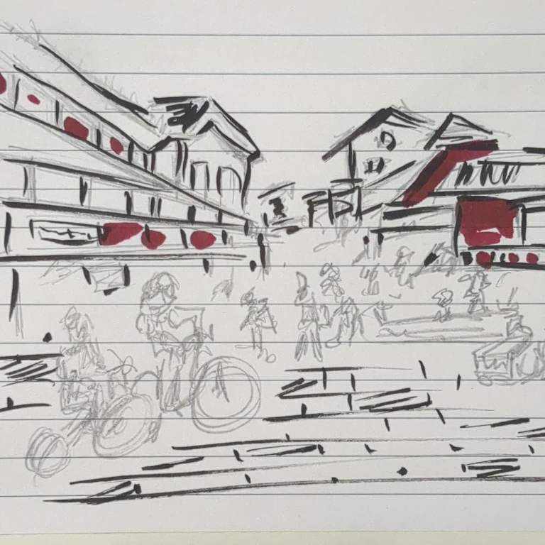 Original drawing 'A bustling street scene' 