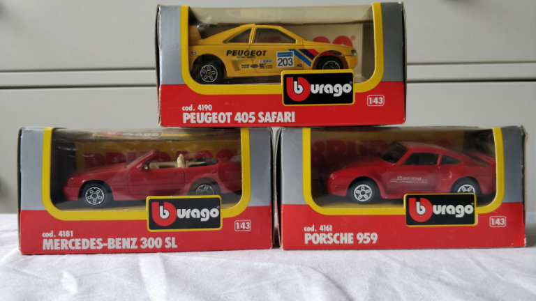 3x Burago 1:43 Model Cars - Porsche 959, Mercedes 300SL and Peugeot 40