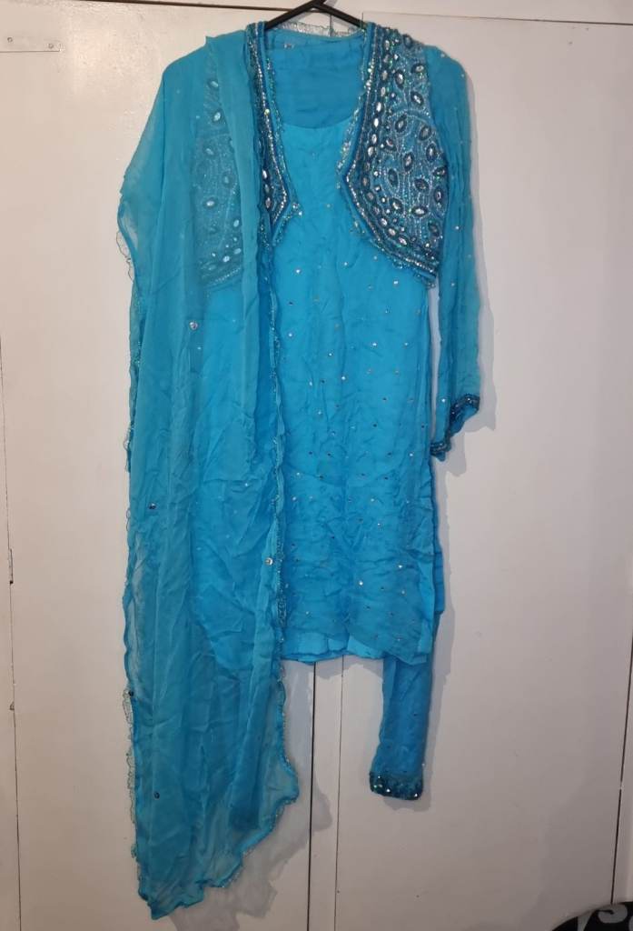 image for New.Light blue churidar kameez, jacket, scarf sequin embroidered wedding party asia. Asian dress
