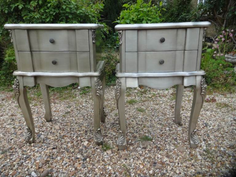 FRENCH STYLE ~~LARGE SILVER BEDSIDE CABINETS x2 ~~~
