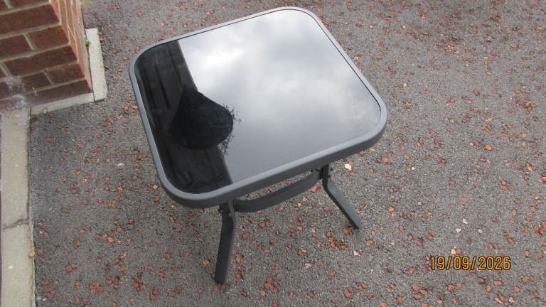 Small Black Glass Top Garden Table – Good Condition