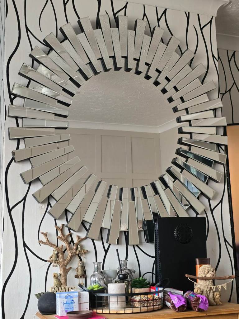 Starburst Large 120cm 3D Silver Round Sunburst Modern Hallway Bedroom Dining And Living Room Mirror