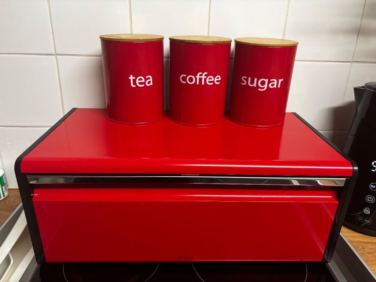 Brabania Bread Bin Passion Red With Tea Coffee Sugar Canisters