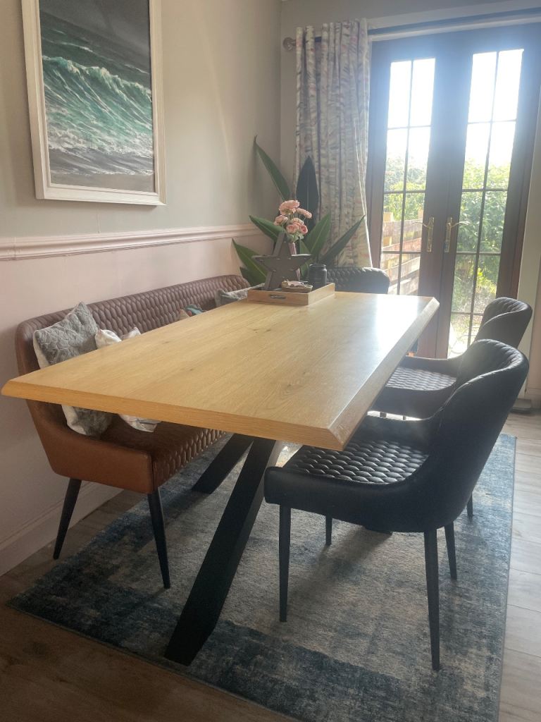 Oak Dining Table and upholstered bench Set (seats up to 7)