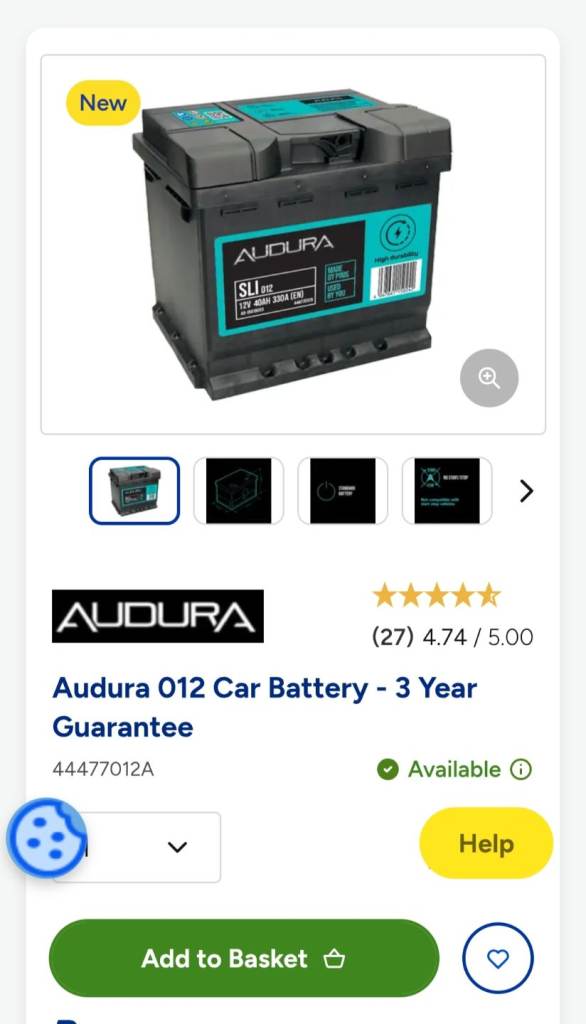 Audura 012 Car battery with 3 year guarantee 