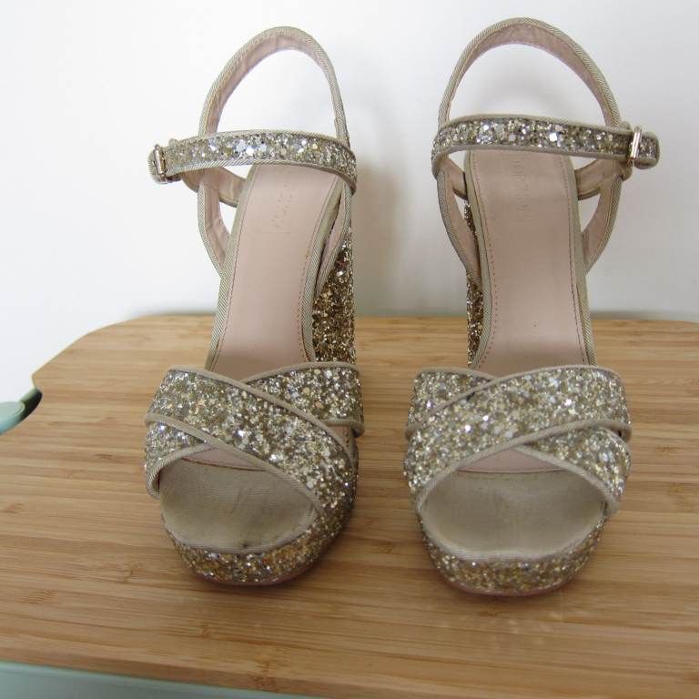 Womens gold sparkle single-buckle Top Shop sandals 4" heel size 5