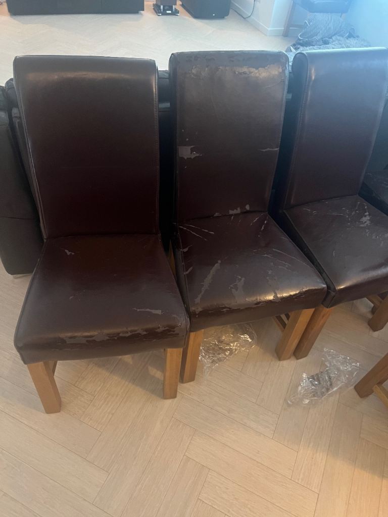 Six Brown Wooden Dining Chairs – Fair Condition