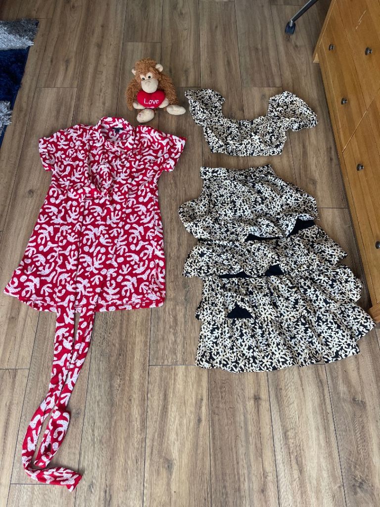 Lovely Red Patterned Dress & Black/Cream Two-Piece Set – Good Condition