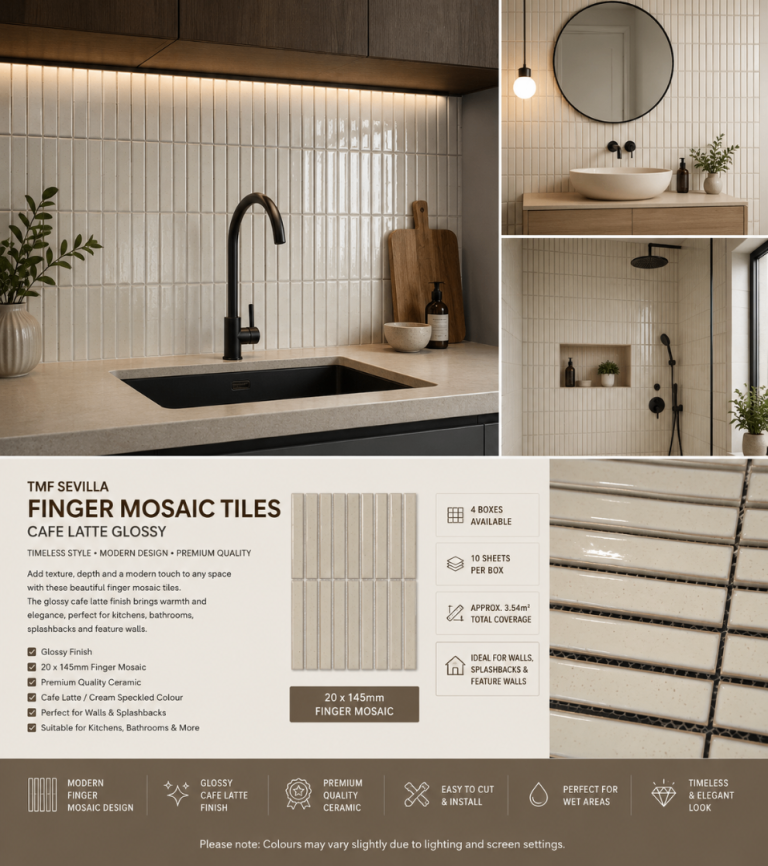 TMF Sevilla Finger Mosaic Tiles Cafe Latte Glossy – 4 Boxes – 3.54m²