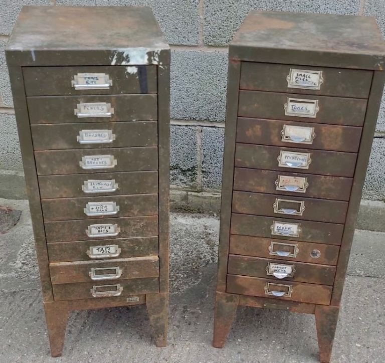Pair Of  Stor All Steel 10 Drawer Vintage Metal Engineer Cabinet’s Restoration