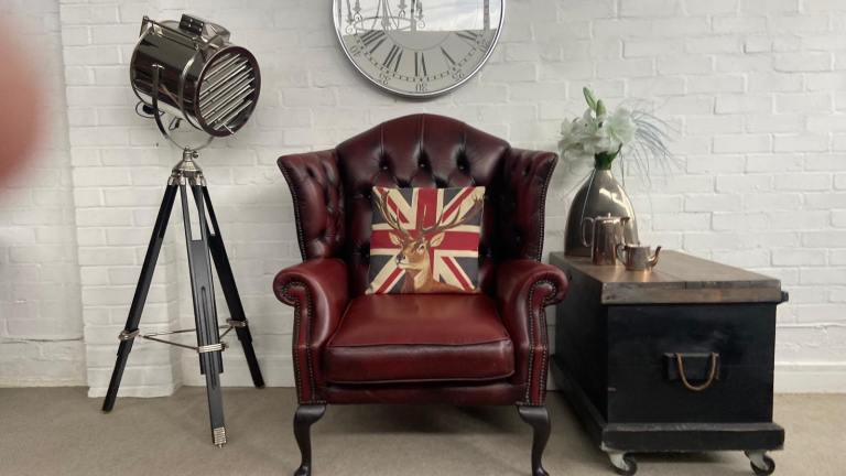 Vintage Thomas Lloyd wing back Queen Anne Chesterfield armchair. Can Deliver.
