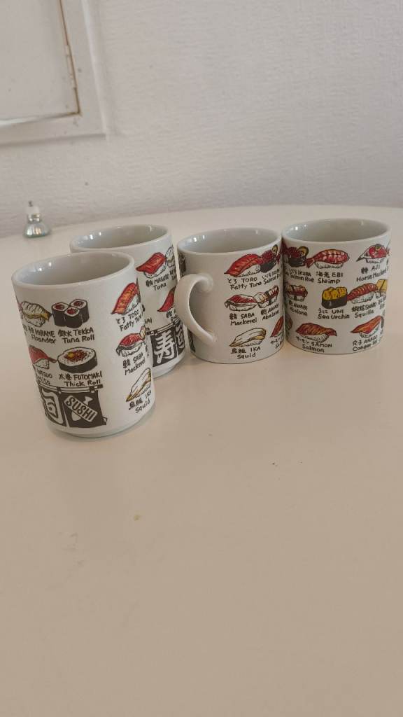 Set of 4 Sushi Design Ceramic Mugs – Good Condition