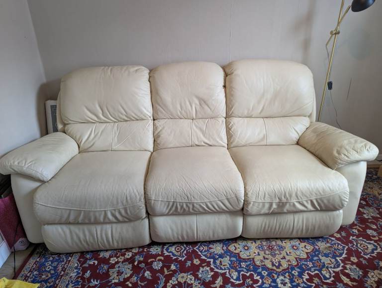 Cream leather 3-seater recliner sofa