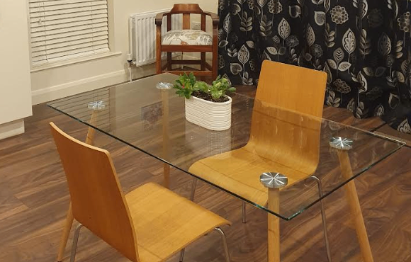 Glass Table with 2x matching wooden chairs - For collection only