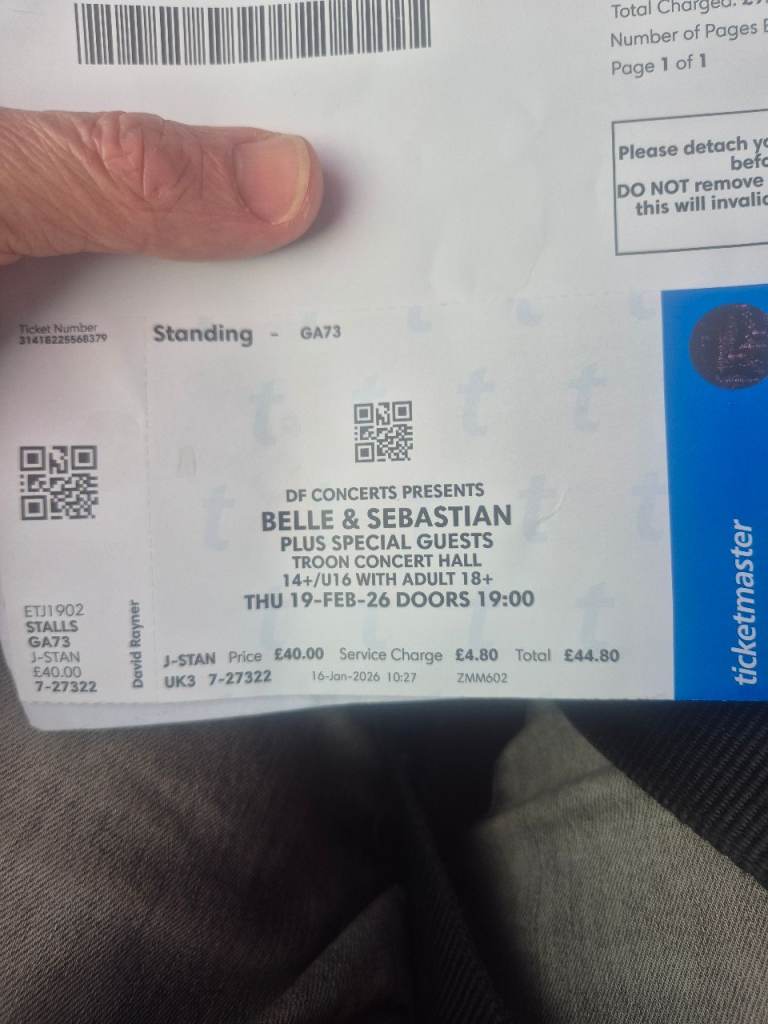 1 standing ticket for Belle and Sebastian £30, TROON CONCERT HALL 19TH FEB