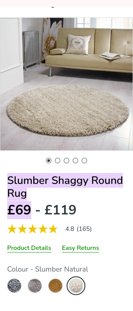 Dunelm round 133cm shaggy rug 