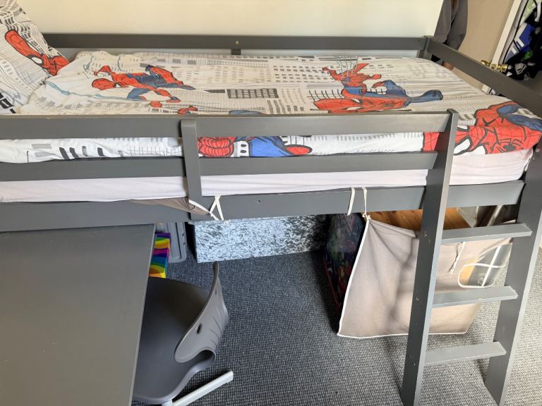 Grey Kids High Sleeper Bed with Desk and Ladder