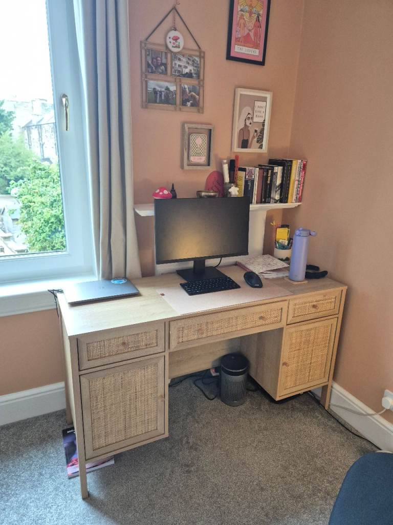Frances Woven Rattan 3-Drawer Desk, Natural Wood