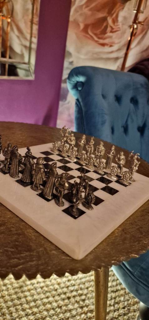 Solid Marble Chessboard and Pewter Chess Set