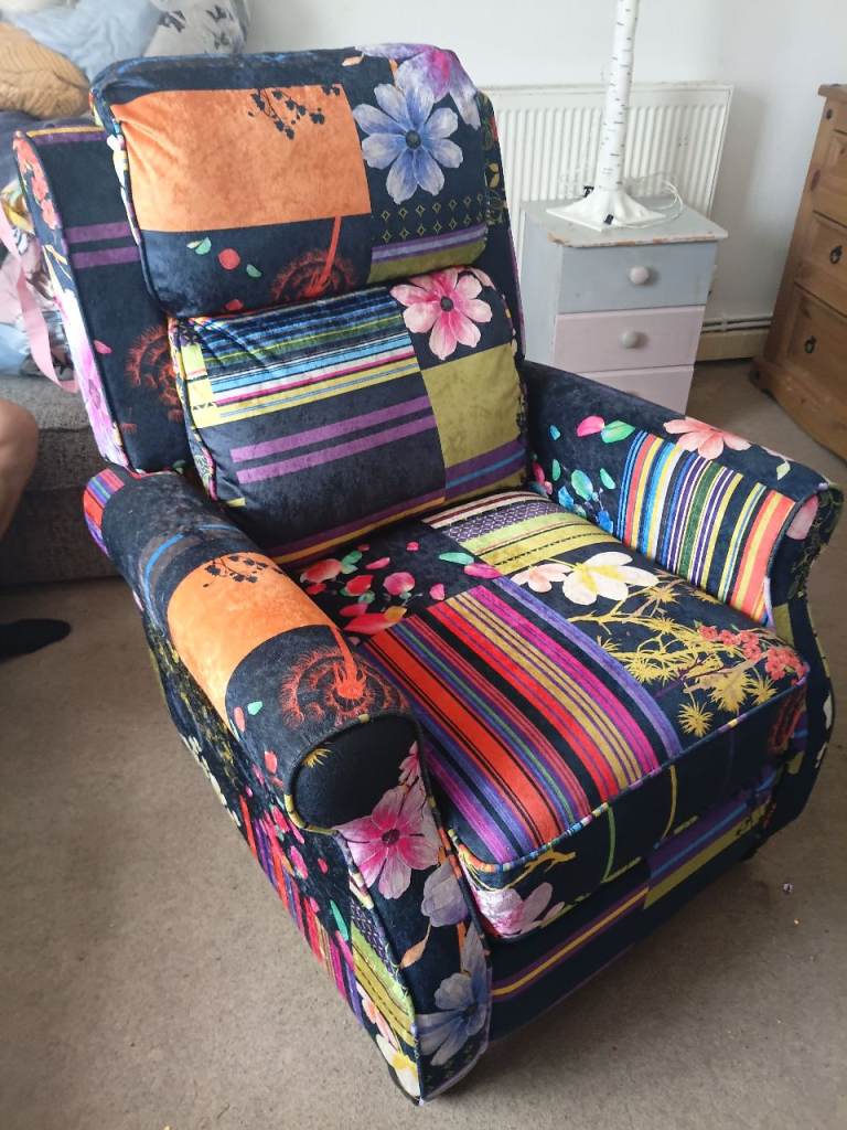 Colourful Patchwork Recliner Armchair – Good Condition