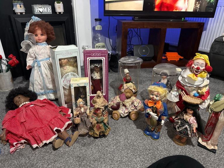 Bundle of dolls, clowns, china collection job lot local delivery available  