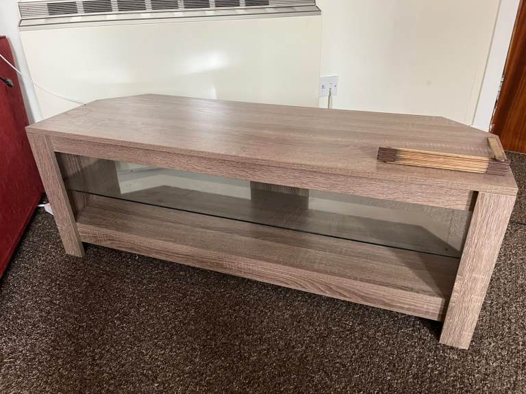 Wooden TV Unit with Glass Shelf – Good Condition