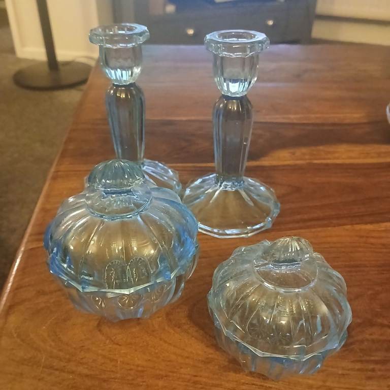 Vintage Ice Blue Glass Dressing Table Set Candle Holders Trinket Dishes