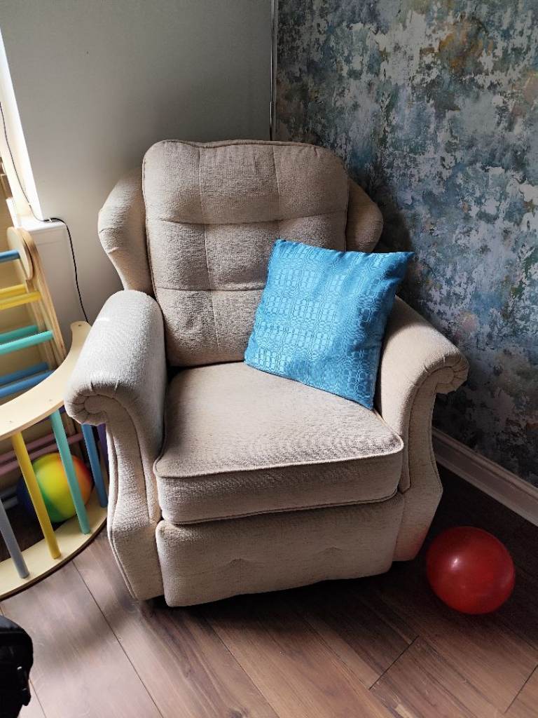 Comfortable Beige Fabric Recliner Armchair - Good Condition