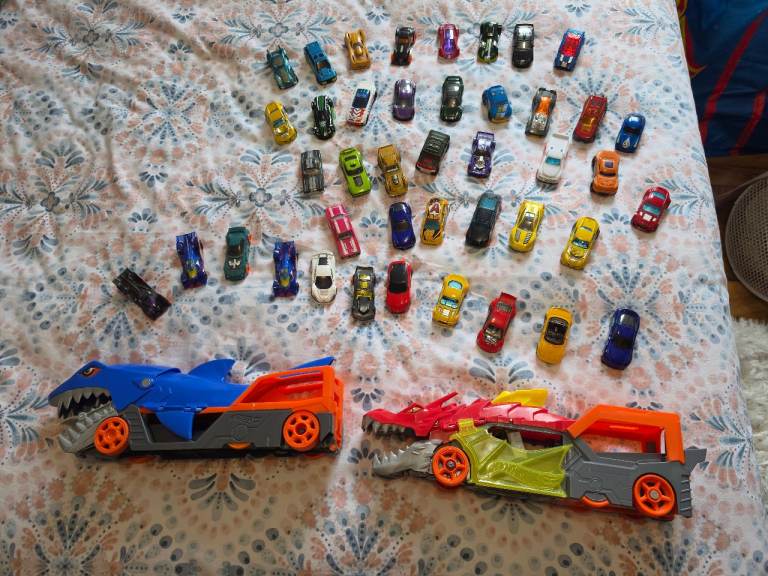 Large Bundle of Toy Cars and Two Launcher Tracks – Good Condition